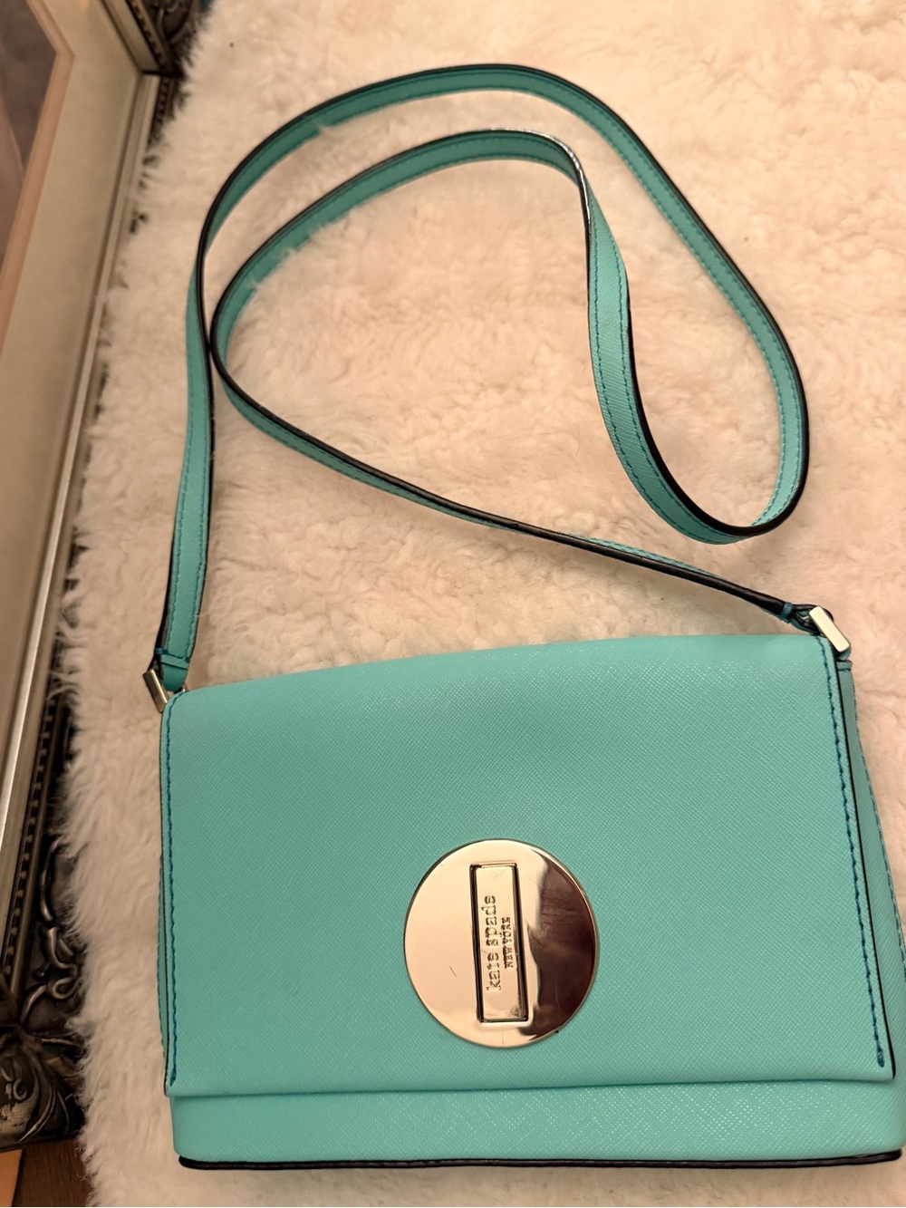 Kate Spade Mint Green Leather Crossbody Bag w/Multicolored Striped Interior GUC - Picture 16 of 16